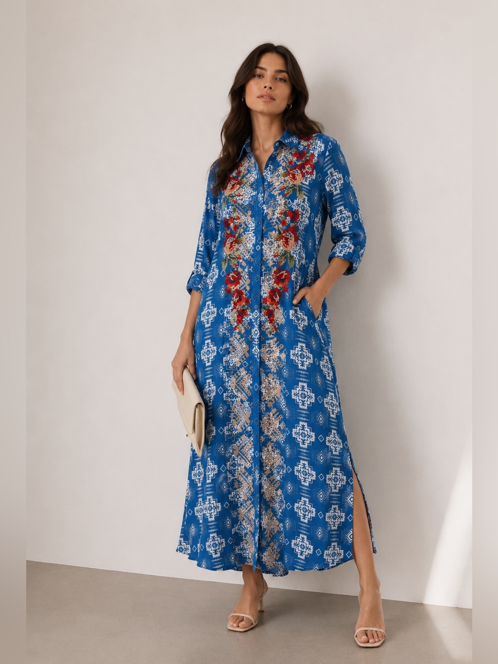 Resort Wear Blue Boho Floral Maxi Dress Button Front Embroidered Poolside